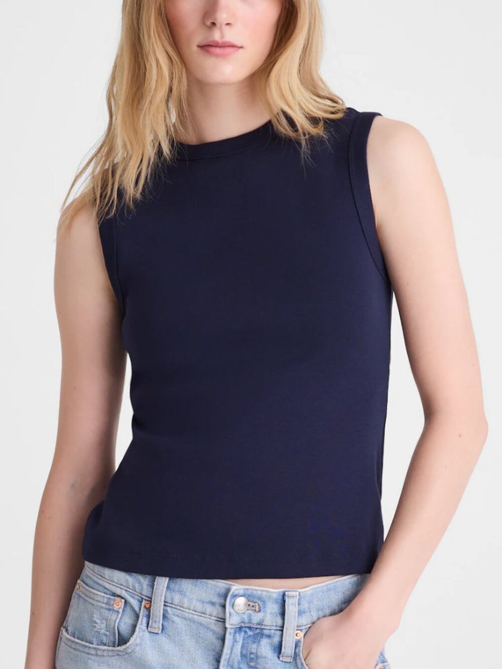 Madewell 90s High Crewneck Compact Cotton Slim Shell Tank Top Navy Size M NWT
